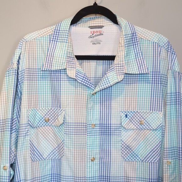 IZOD Surfcaster Button Down Shirt Long Roll Tab Sleeve Plaid Print Flap Pocket - Picture 3 of 12